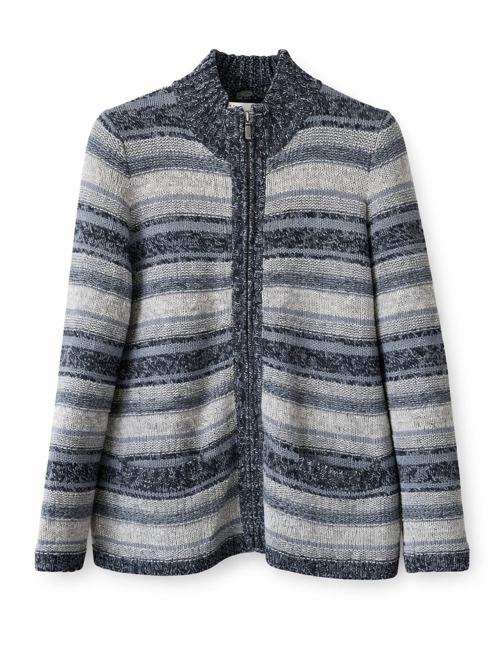 L.L.Bean Zip Front Knit Cardigan Sweater Womens L Blue Gray Marled Stripe Cotton